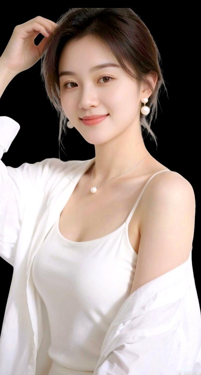 温柔甜美的白衣少女，珍珠项链点缀，尽显优雅气质。温柔白衣少女 珍珠淑女照