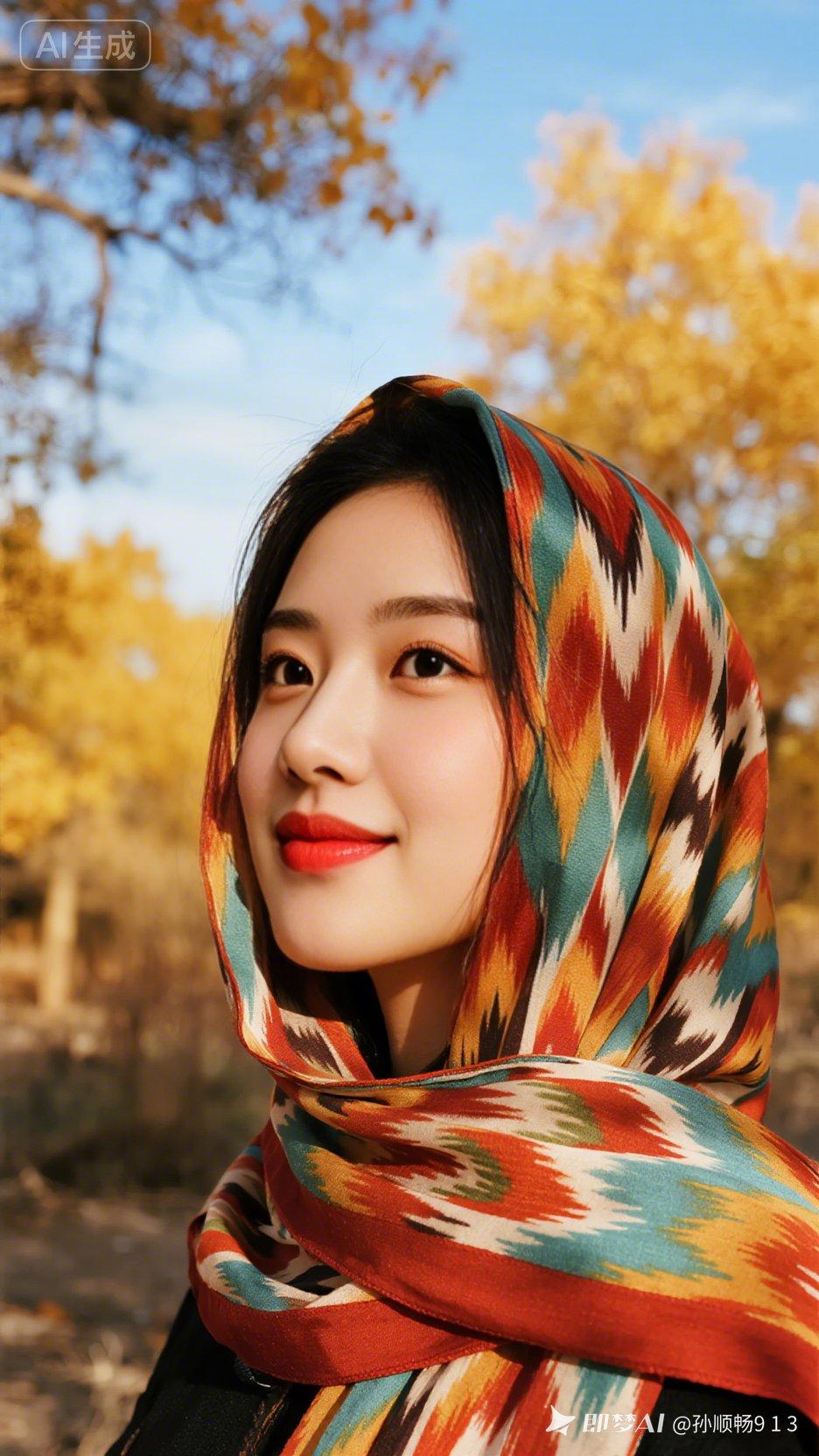 秋日暖阳下，红唇与多彩头巾的完美搭配，尽显时尚与自然之美。🍂💄🌸