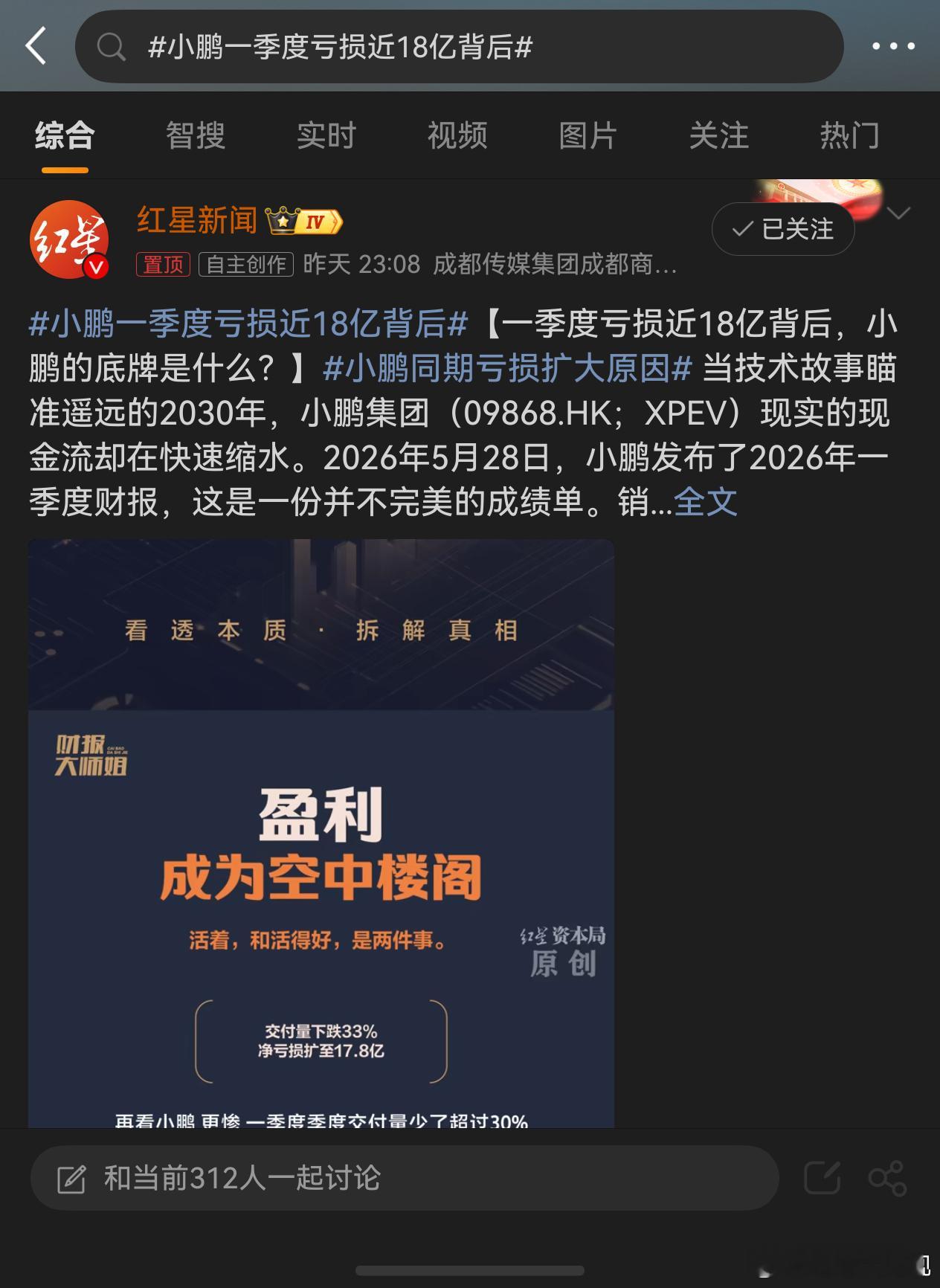 小鹏一季度亏损近18亿背后 亏损能上热搜说明大家期待值比较高大环境不好鹏鹏继续加