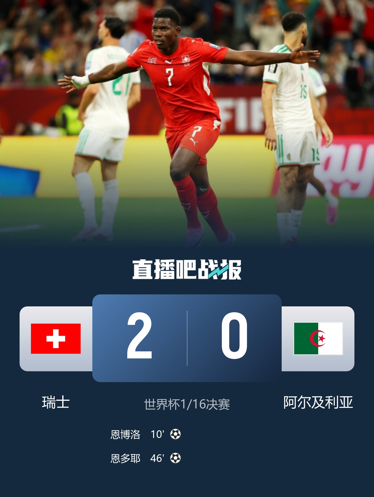 7月3日讯 北京时间7月3日11:00，世界杯三十二强淘汰赛瑞士迎战阿尔及利亚的