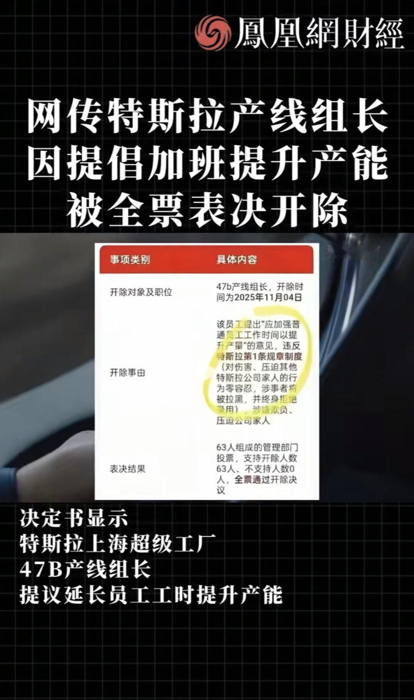 特斯拉一名组长倡议员工加班提升产能，遭到特斯拉全票表决开除！

特斯特拉认为，该