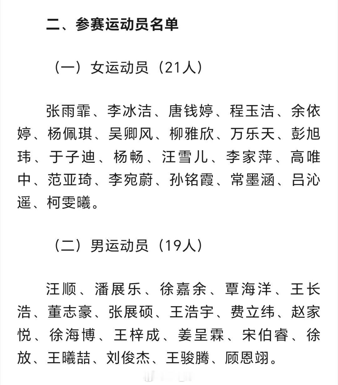 名古屋亚运会 游泳项目参赛名单公示（一）女运动员（21人）张雨霏、李冰洁、唐钱婷