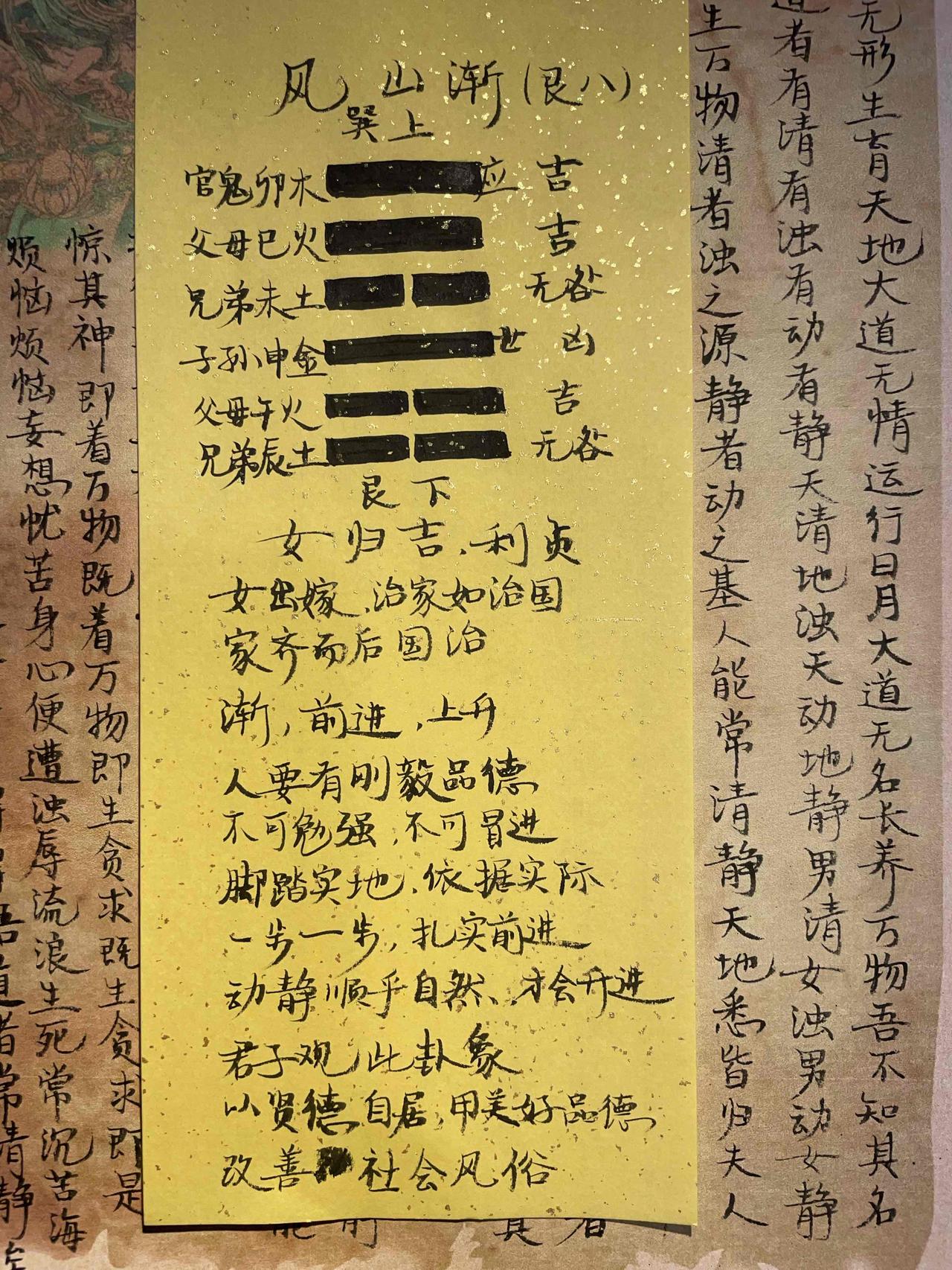 53风山渐 
女归吉，利贞。
初六，鸿渐于干，小子厉，有言，无咎。
六二，鸿渐于