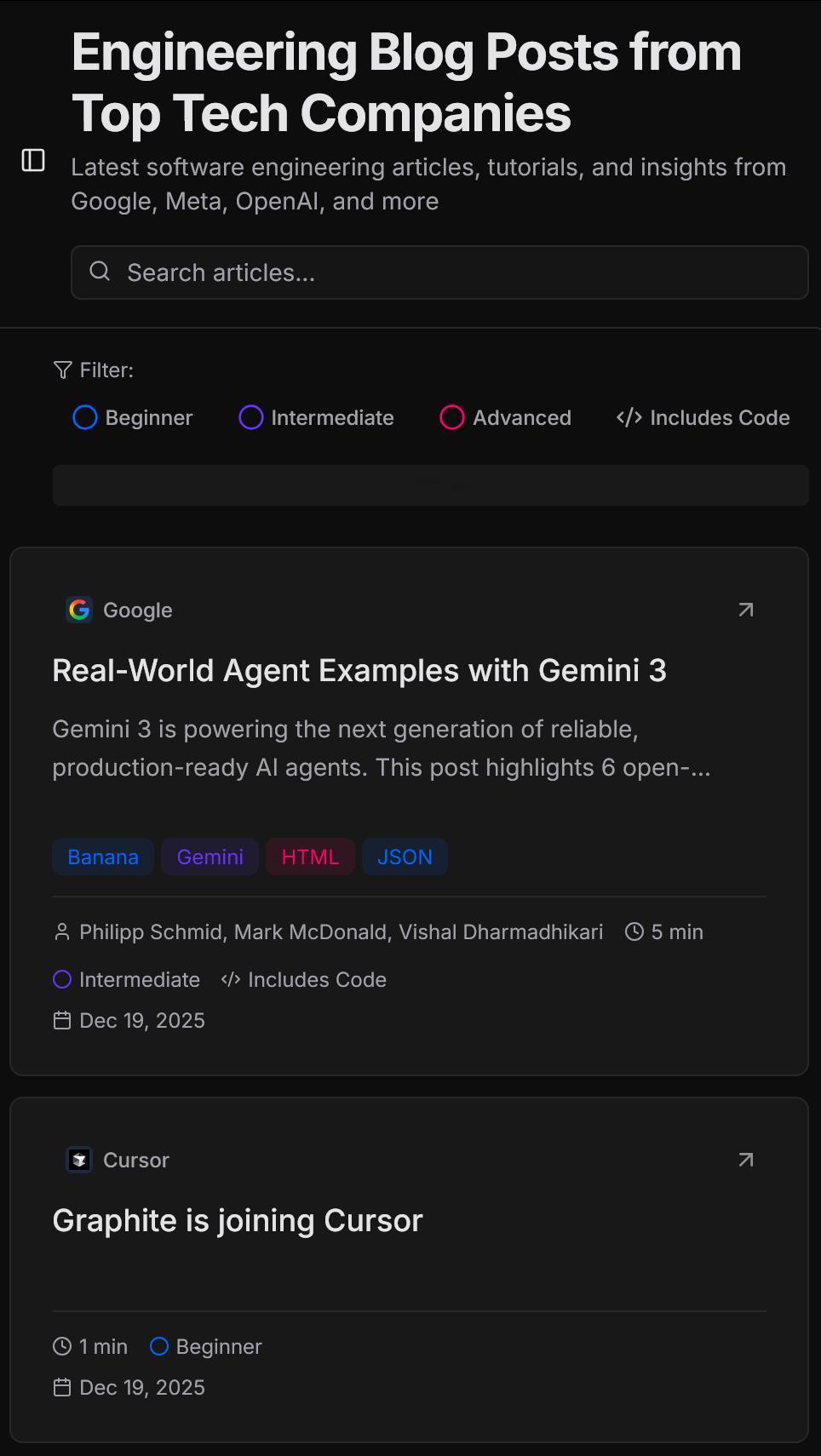 engineering.fyi/这个网站聚合了来自各顶尖科技公司的工程博客文章，