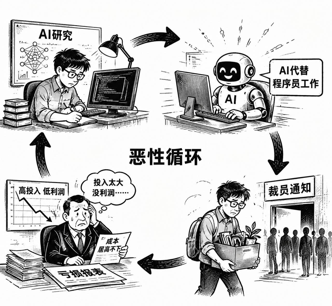 恶性循环，程序员研究AI，AI代替程序员工作，裁员；

AI公司投入太大，没利润