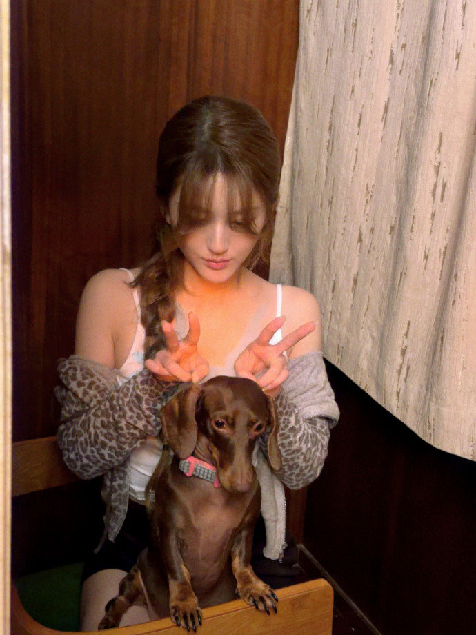 赵露思豹纹卫衣单侧麻花辫赵露思和她的腊肠小狗 赵露思和她的腊肠小狗，赵露思豹纹卫