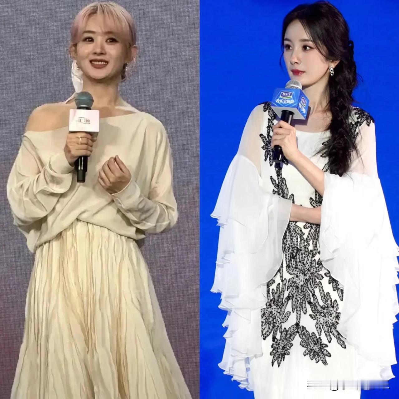 姐妹们避雷粉发

年龄相仿，同样的白色连衣裙

赵丽颖就不如杨幂
显得肤色白
