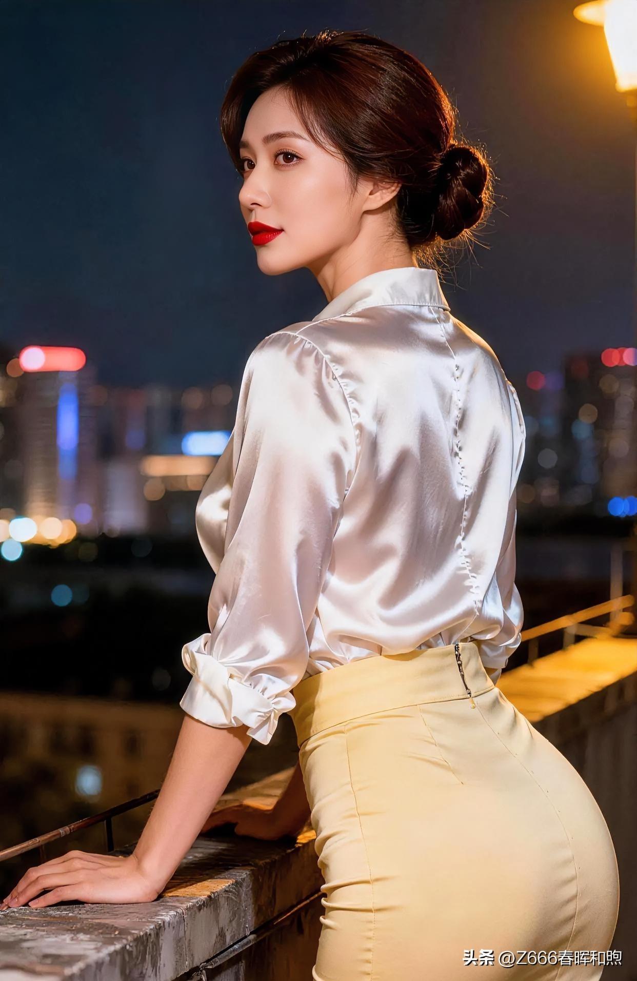 夜幕轻垂，华灯初上，缎面白衫衬出玲珑身段。她凭栏回眸，红唇微启，都市霓虹化作背景