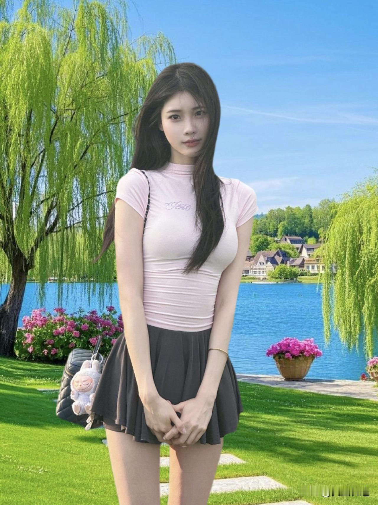 少女心满满的一天，粉色T恤与湖畔美景的完美搭配！💕🌸🌿