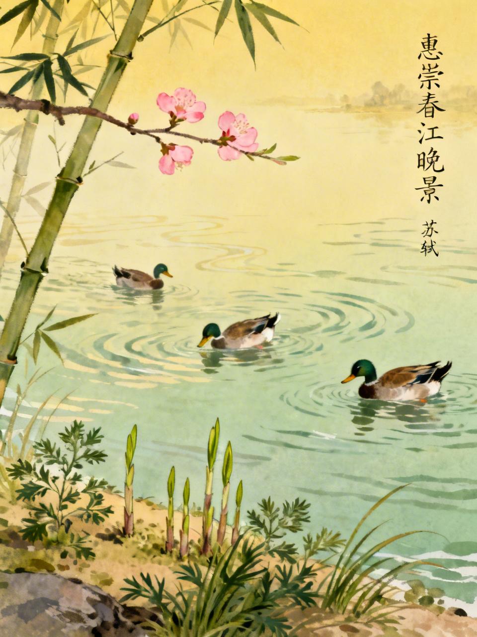 七律•河岸闲步
闲步河东春赏西，两三游鸭出芦低。
听鹂迎夕歌纤柳，观燕擒枝带细泥