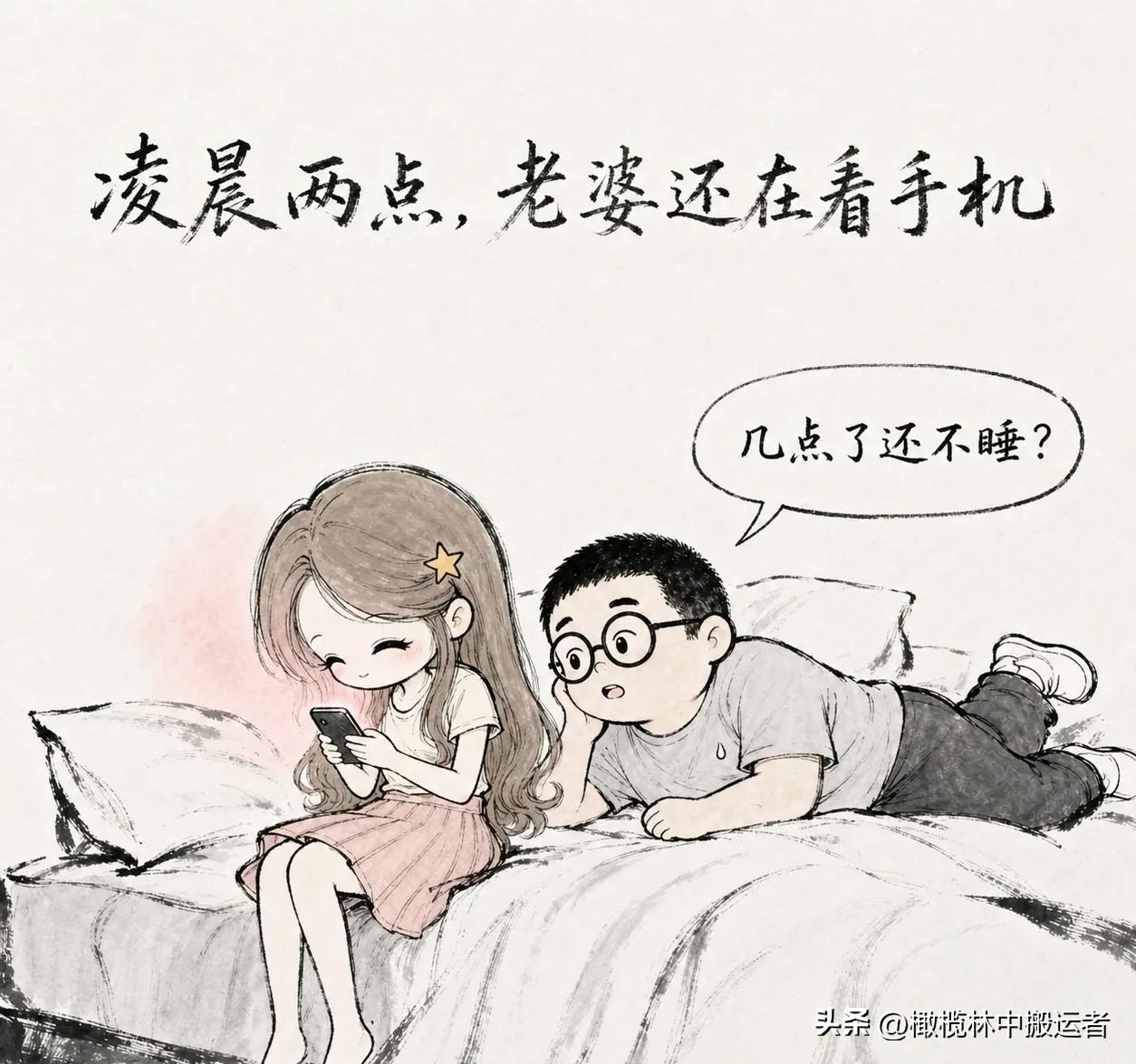 你有哪些漫画推荐：凌晨两点，老婆还在看手机。老公睁眼：「几点了还不睡？」老婆头也