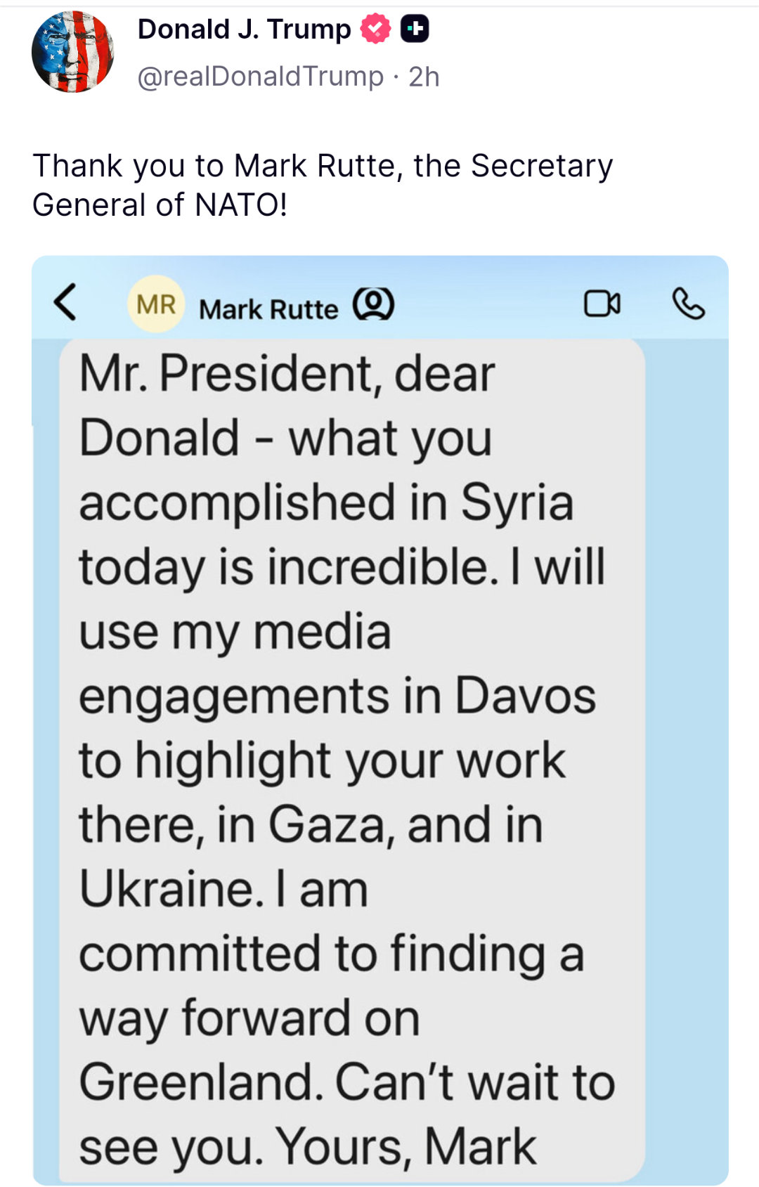 特朗普在社交媒体上晒出法国总统马克龙和北约秘书长马克·吕特给他的信——欧洲的好日