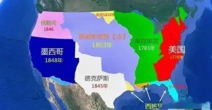 美国刚建国时，面积只有89万平方公里，英国承认美国独立，割让密西西比河以东130
