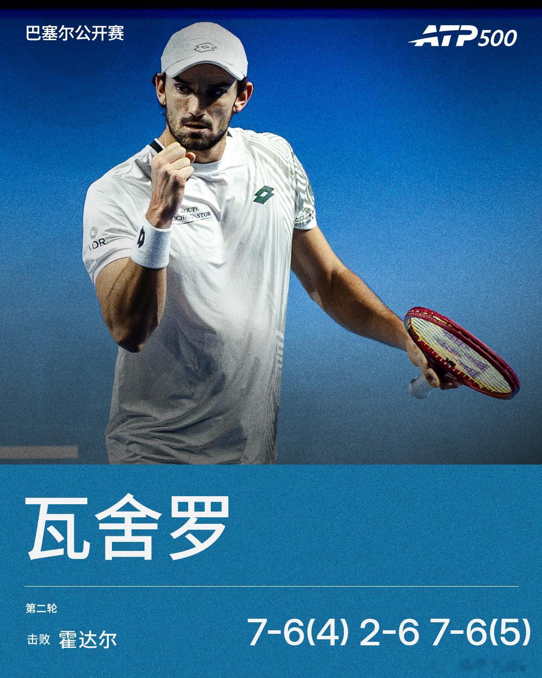瓦舍罗淘汰霍达尔❗️ATP500巴塞尔站第二轮，瓦舍罗7-6(4) 2-6 7-