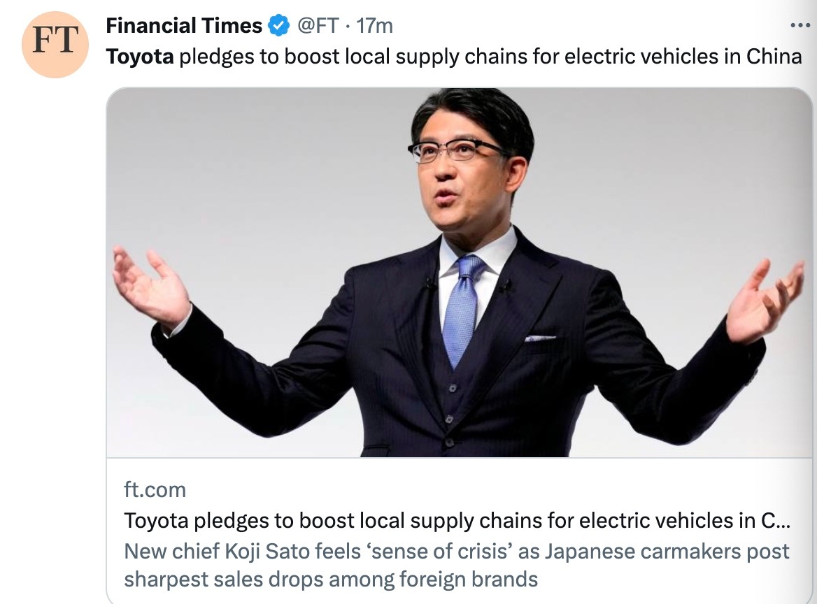 【丰田放权中国市场，承诺加强中国本土电动汽车供应链】“中国在电动化和智能化方面走