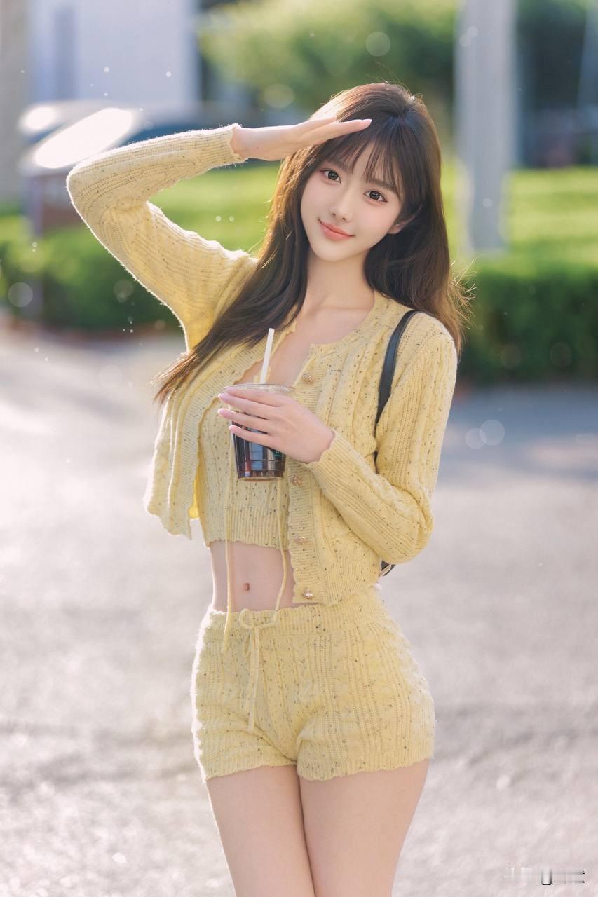 阳光正好，少女身着嫩黄针织套装，手握冰饮，明媚笑容如春日暖阳般治愈人心。