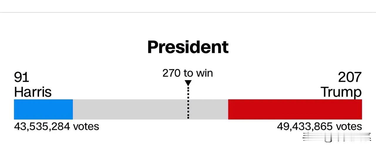最新获得票数：哈里斯：特朗普=  91 ：207