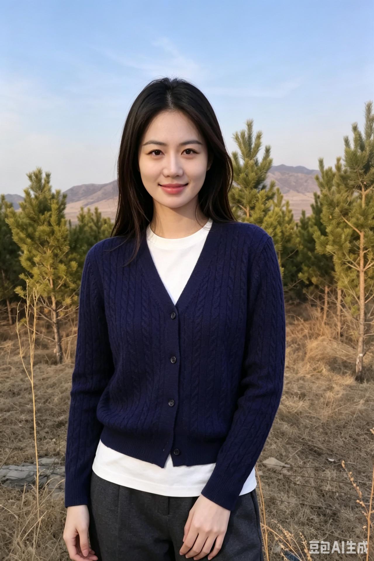 蓝衫映远山，浅笑淡如兰。
风过云边静，清辉落鬓间。