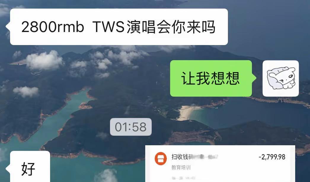 一张tws演唱会电子票的重量，0克。二十八张一百元人民币的重量，32.2克。凌晨