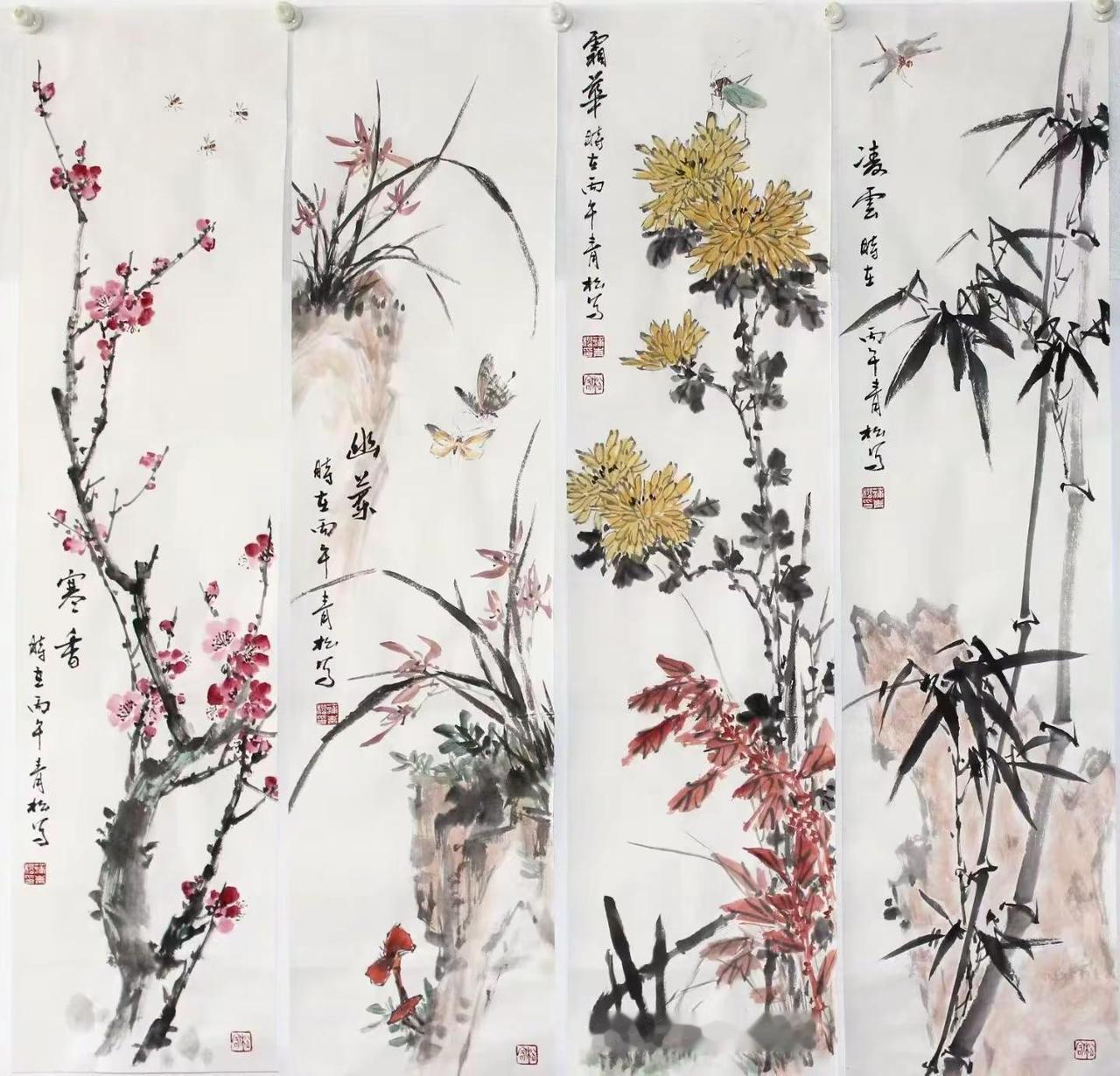 梅兰竹菊四条屏。梅兰竹菊创作者中心 创作灵感 梅兰竹菊四条屏作品 梅兰竹菊国画