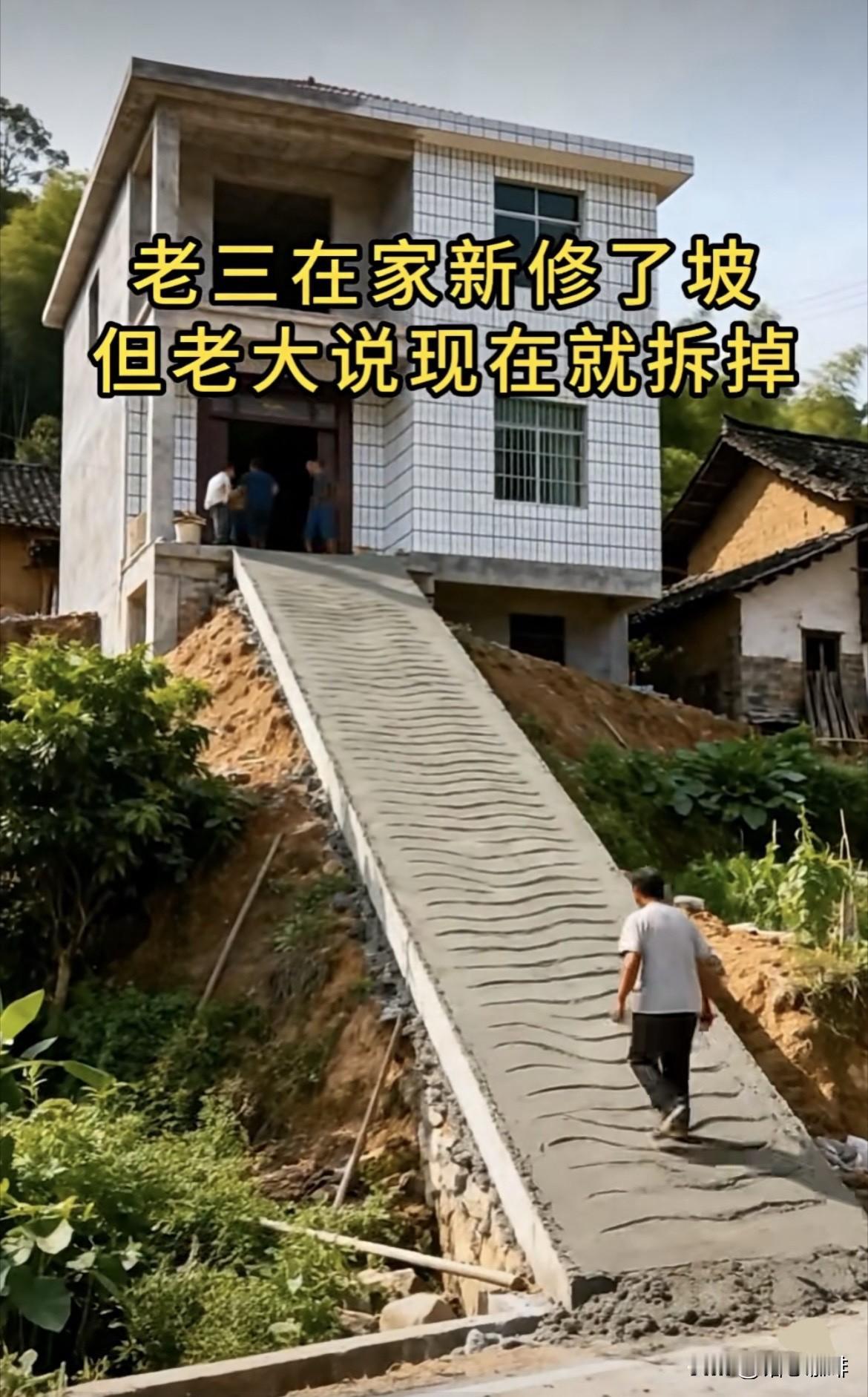 老三在家新修了坡，
但老大说现在就要拆掉。
刚修好为什么要拆呢⁉️
大家有什么好