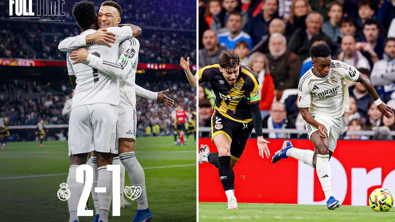 西甲：皇马主场2-1绝杀九人巴列卡诺，距榜首巴萨1分。
维尼修斯破荒，姆巴佩读秒