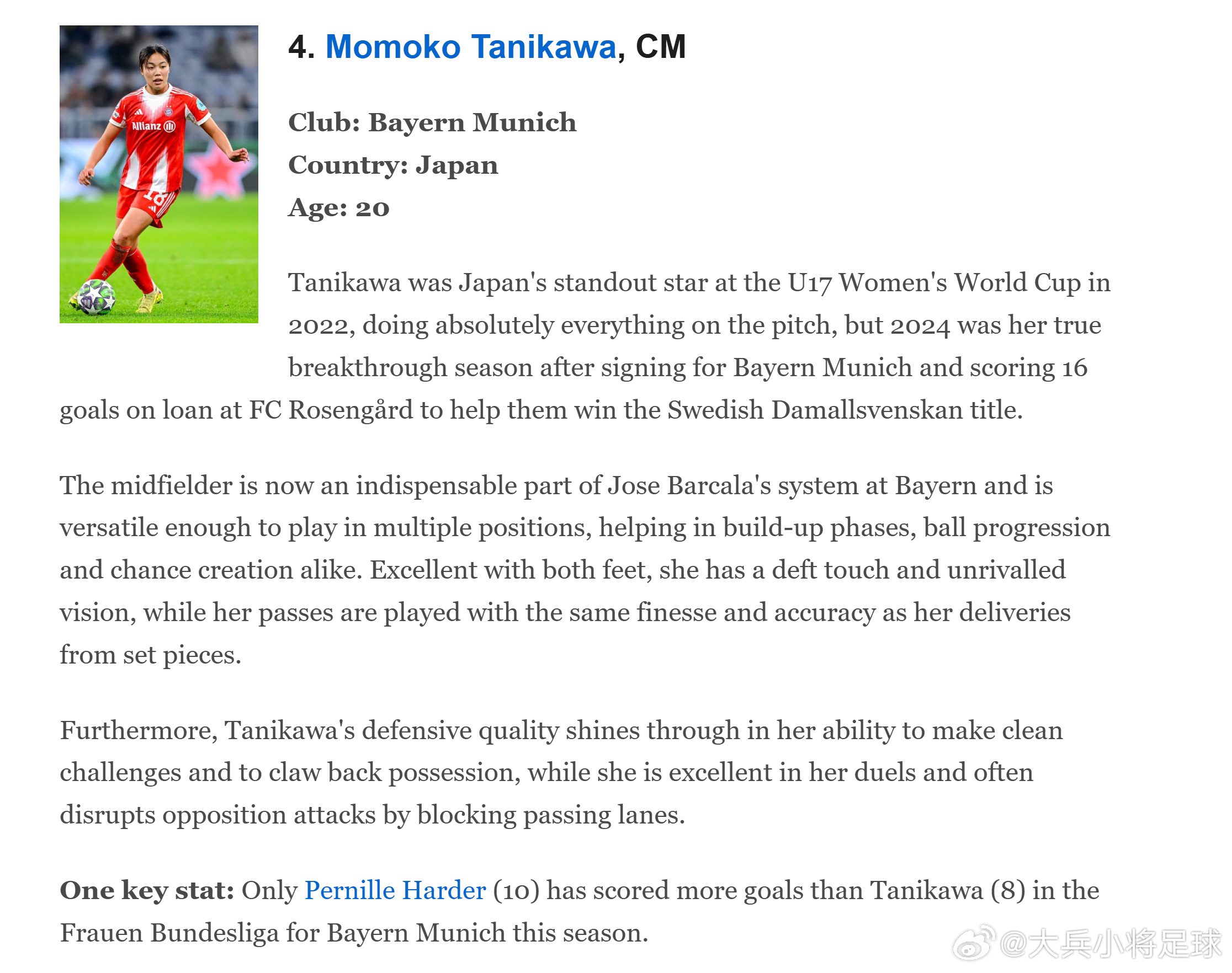 4月2日，ESPN 2026年全球最佳21岁及以下女子足球运动员排名公布，nad