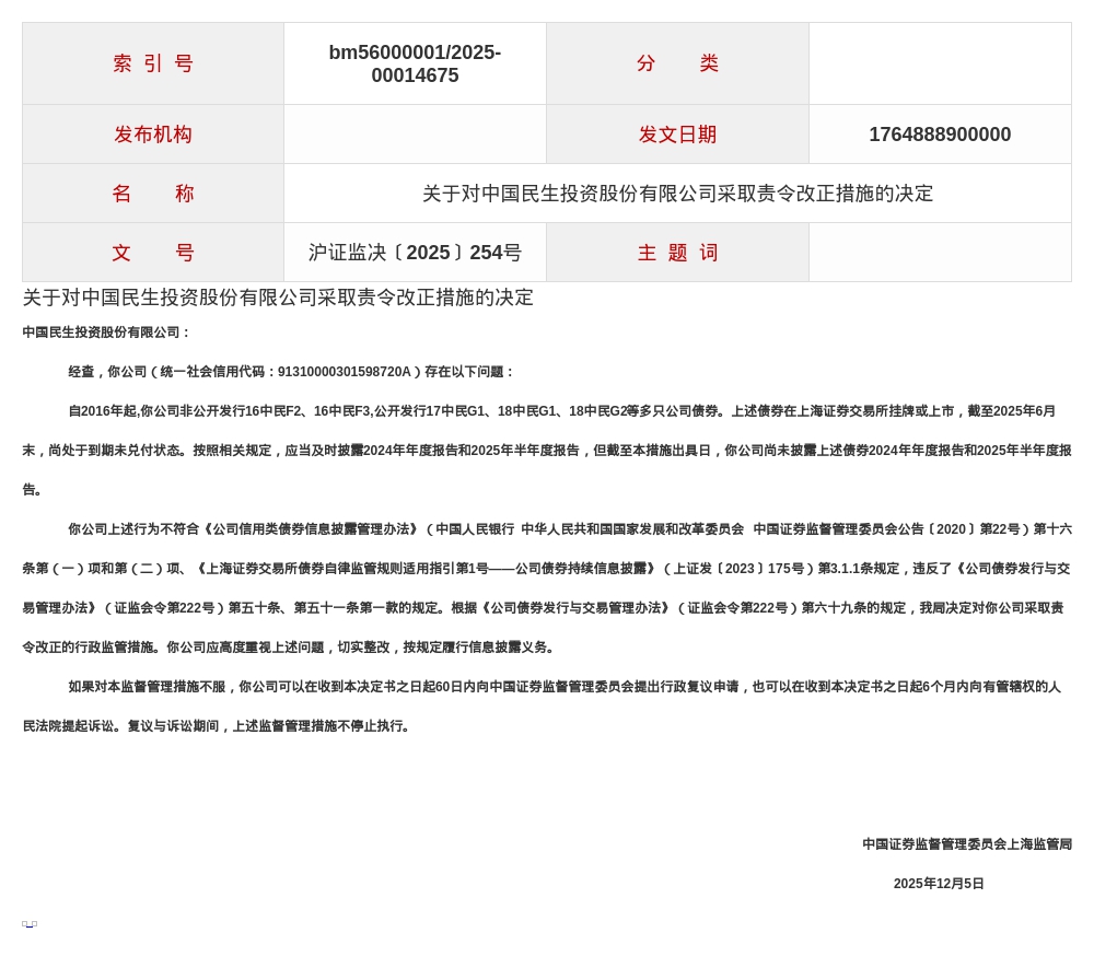 中民投被责令改正，涉信息披露违规