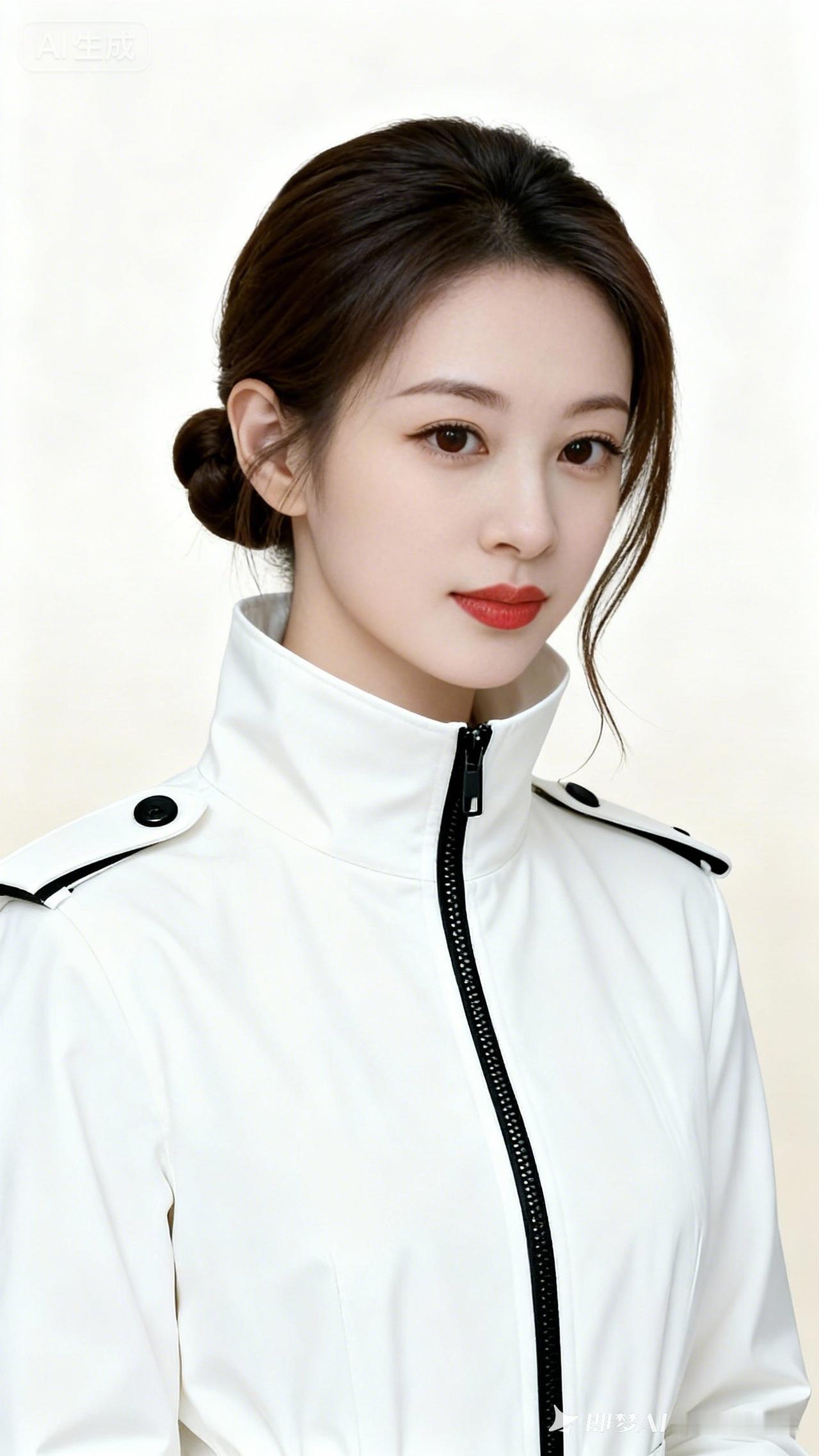 美少女身着立领长袖白风衣，衣料挺括垂坠，勾勒出纤细身姿。纯白底色衬得肌肤胜雪，立