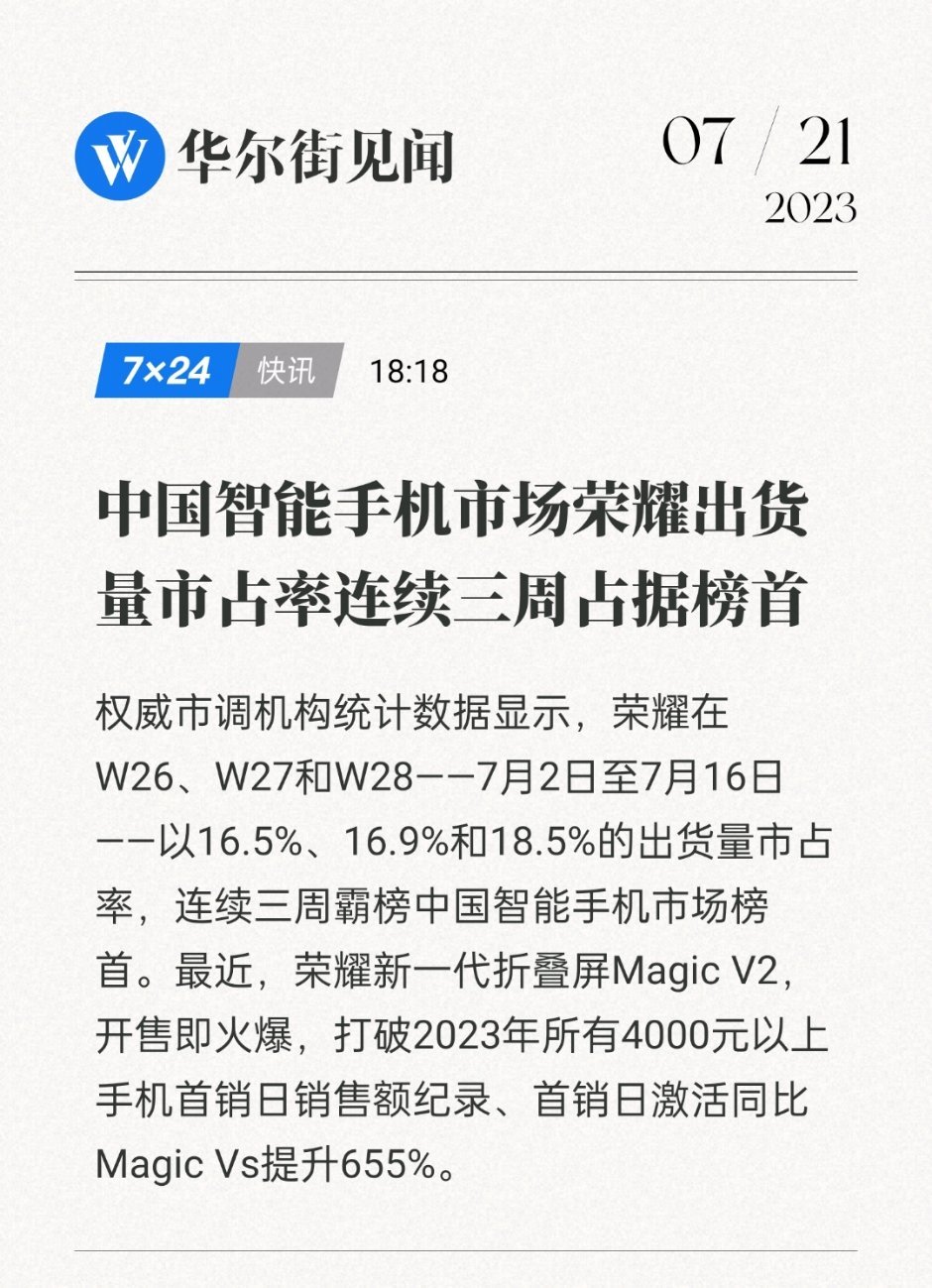 好家伙，荣耀进入7月份销量就持续霸榜第一啊？根据华尔街见闻消息，荣耀从7月2日到