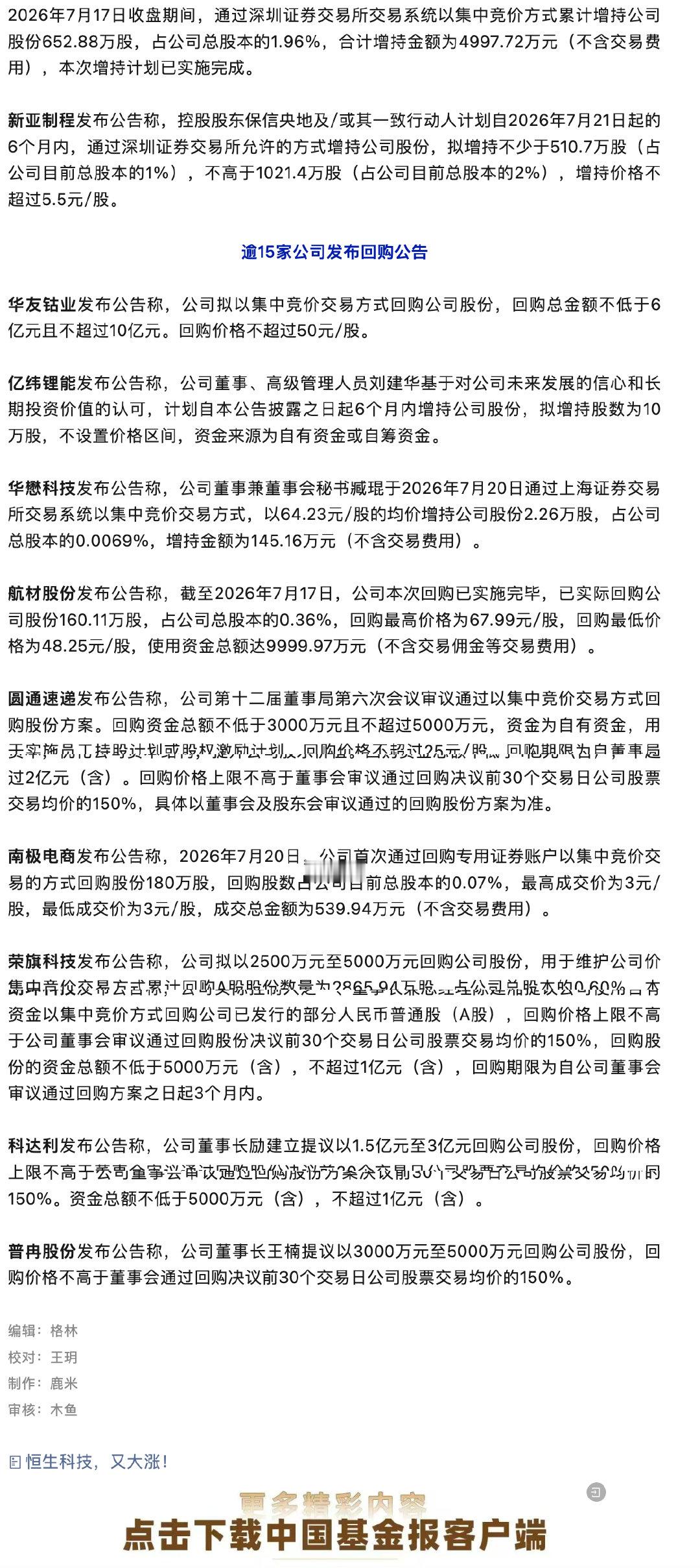 【多家公司发布增持回购公告】增持回购潮来了 7月20日晚间，逾20家上市公司发布