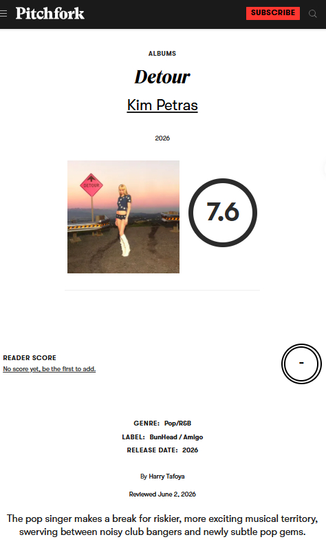 【新专辑乐评】Pitchfork 评Kim Petras 新专辑『Detour』