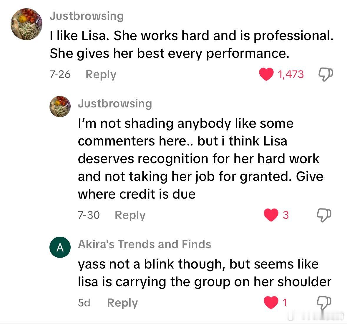 💛lisa💛  “我喜欢Lisa。她工作努力又专业，每次表演都拼尽全力”  