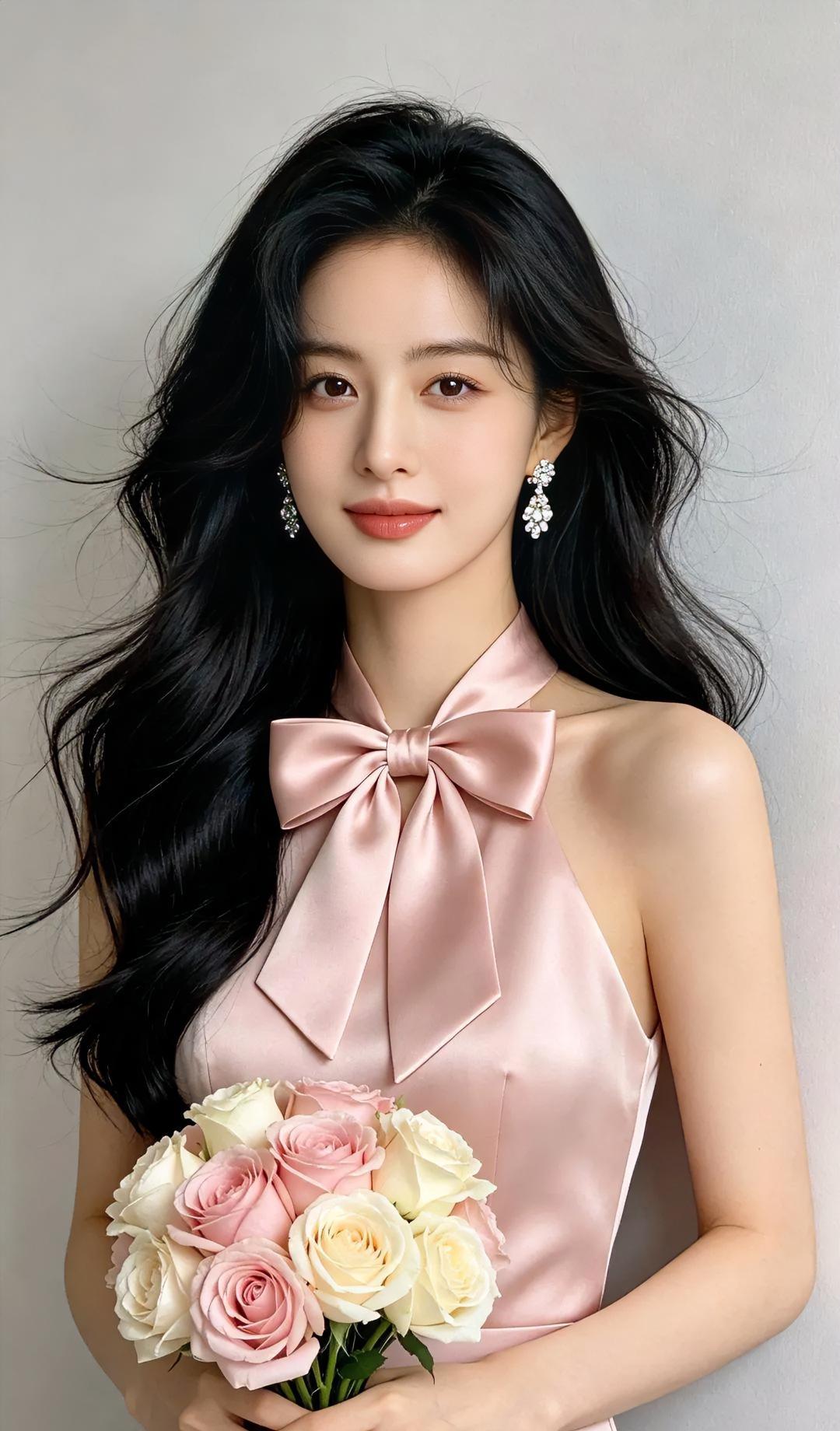 花束一捧，春天便落在了胸前。

粉蝶结轻扬，乌发如绢。

眸光温软，笑意浅浅。