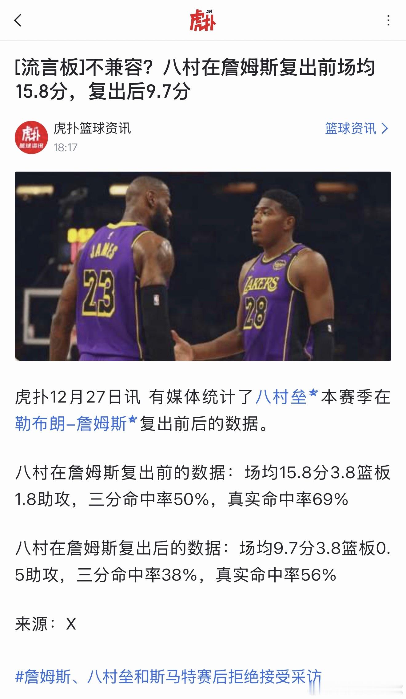 詹姆斯复出前，八村垒场均15.8分。詹姆斯复出后，八村垒场均9.7分。这还不算完