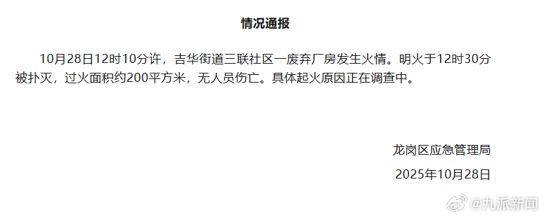 #废弃厂房起火过火面积约200平#【#官方通报广东废弃厂房起火#：明火被扑灭，无