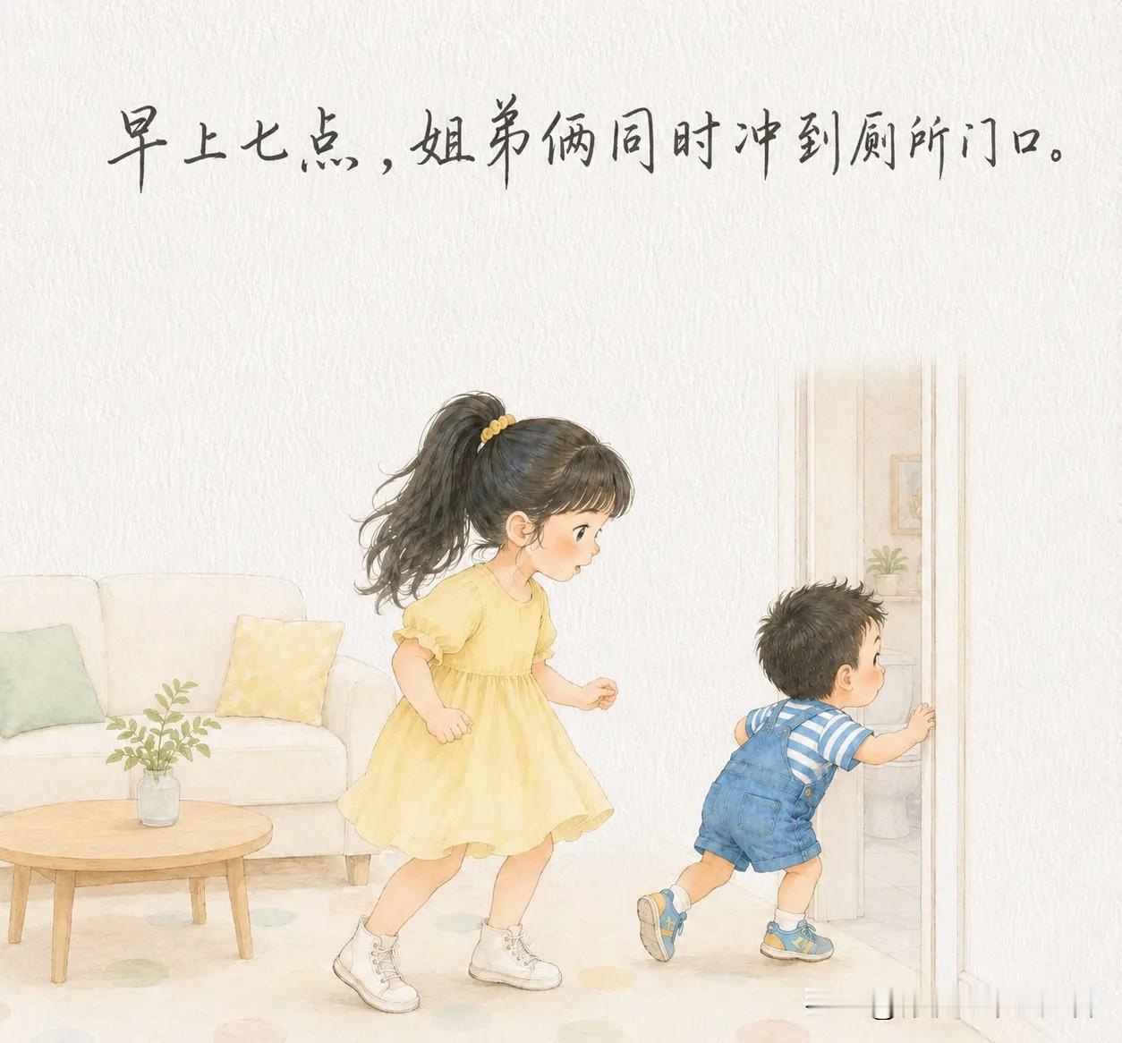趣味漫画：早上七点姐弟俩同时冲到厕所门口。弟弟说：「姐女士优先。」姐姐感动得不行