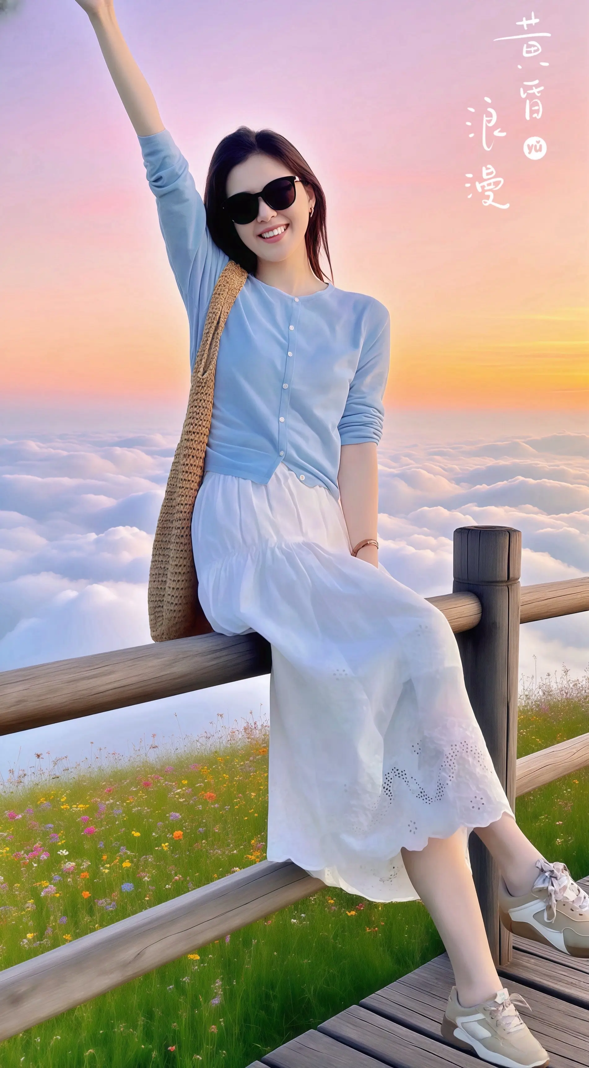 穿搭日记👗。苏眠身着淡蓝开衫与纯白绣裙，立于云海观景台。夕阳为纱裙镀...