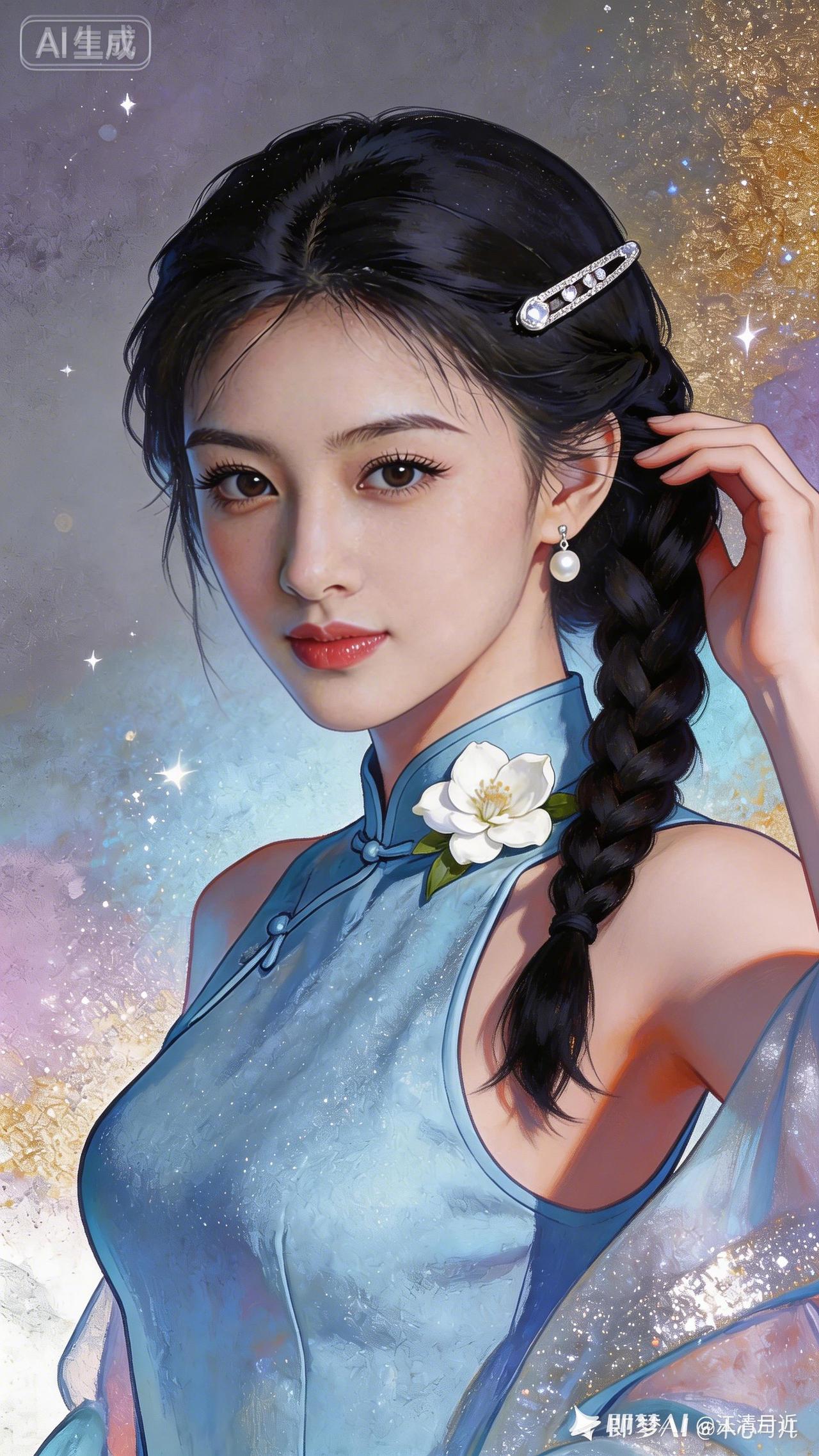 俏丽女孩黑侧麻花辫配水晶夹，浅蓝旗袍缀茉莉，BJD般精致容颜，御姐冷艳娇媚，远景