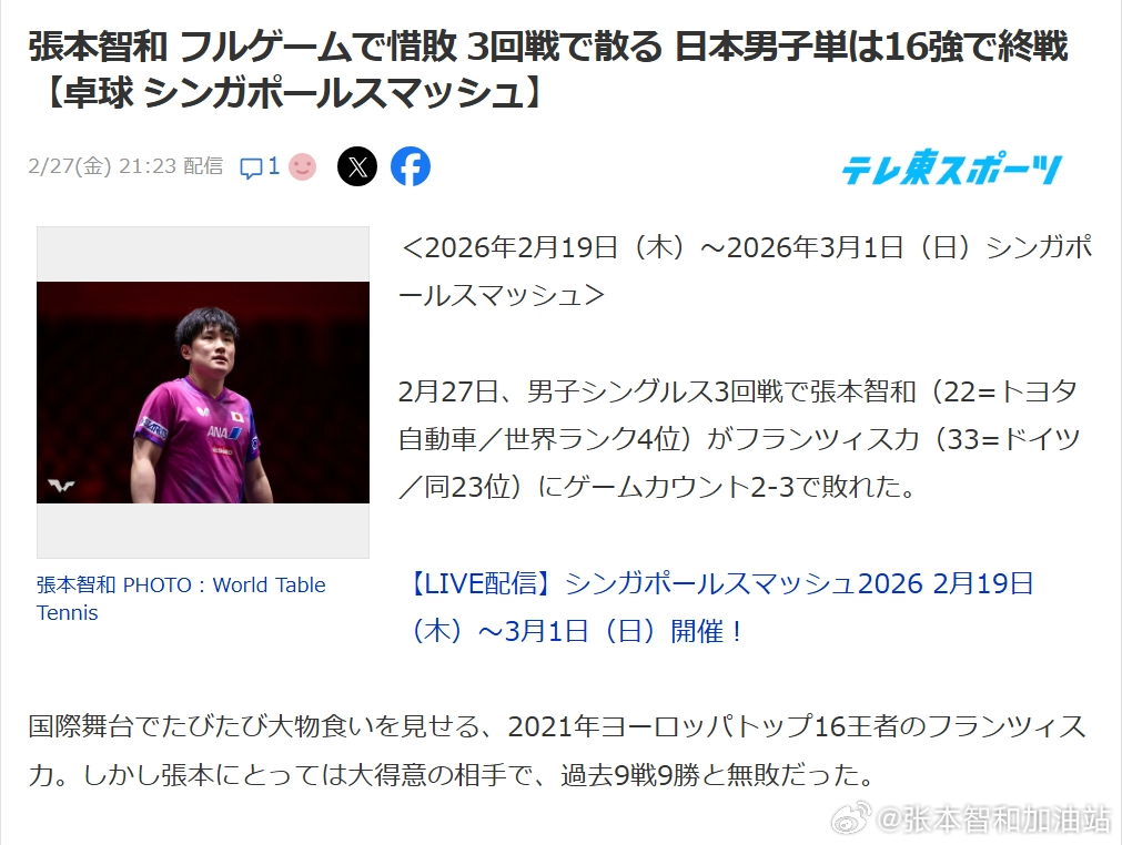 wtt新加坡大满贯2026张本智和 第三轮比赛情况。【日媒】《张本智和苦战五局惜