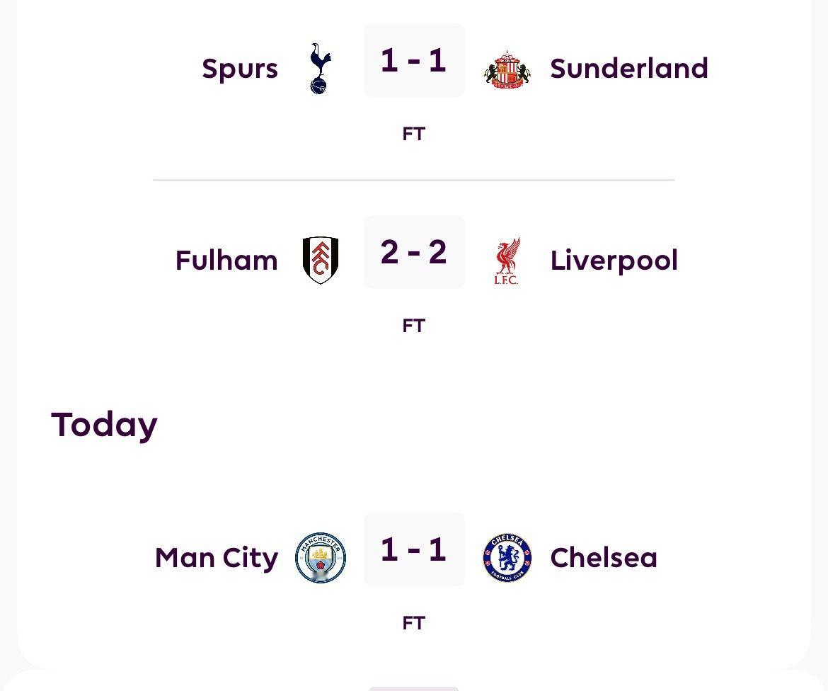 哇喔！一觉醒来又是平局！来看最新积分榜曼城1比1切尔西富勒姆2比2利物浦英超联赛