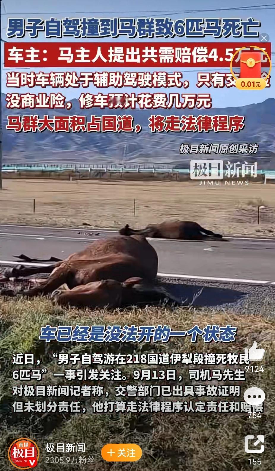 近日，“男子自驾游在218国道伊犁段撞死牧民6匹马”一事引发社会广泛关注，事件背