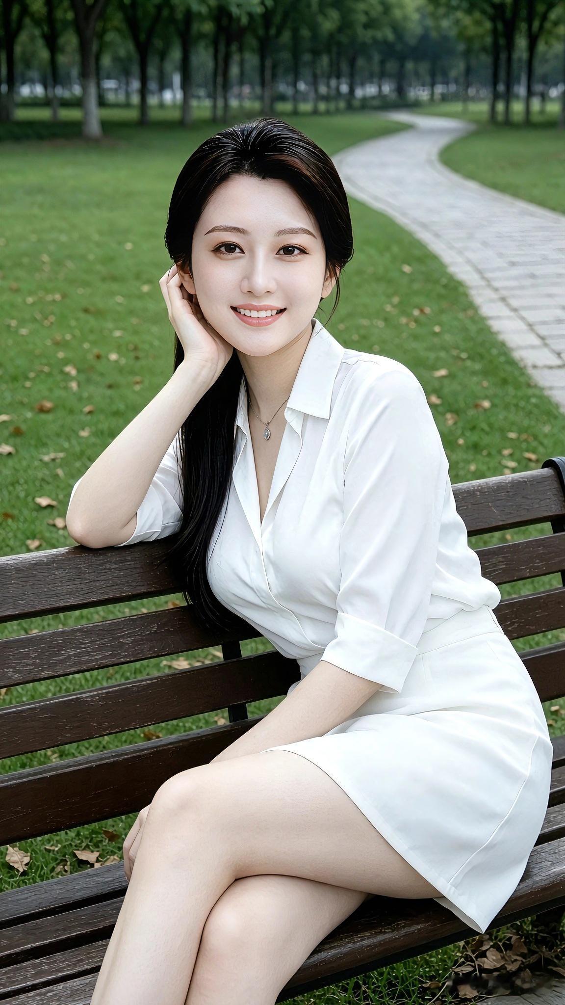 闲坐公园长椅，一袭简约白衣，在绿意里寻一份安然。生活不必匆忙，慢下来，才能感受身