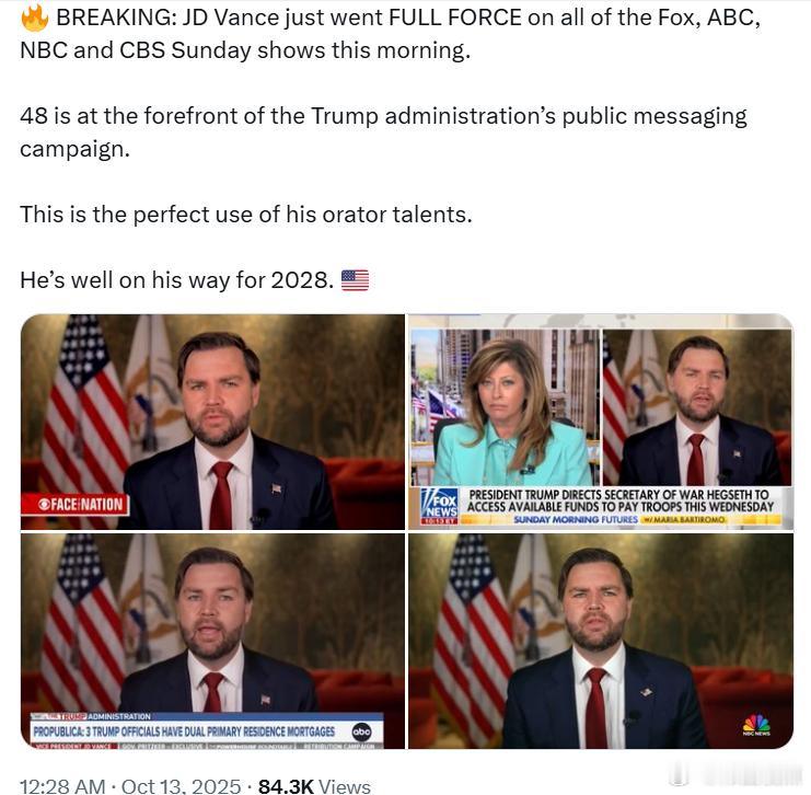 副总统万斯全面亮相福克斯、ABC、NBC和CBS的周日节目。“48号”如今正站在