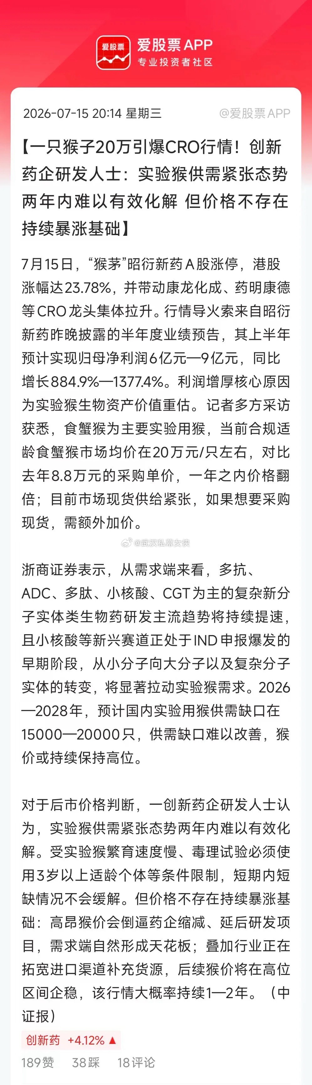 谁能想到，今天引爆创新药的居然是一只猴子！昨晚“囤猴大户”昭衍新药公布上半年业绩