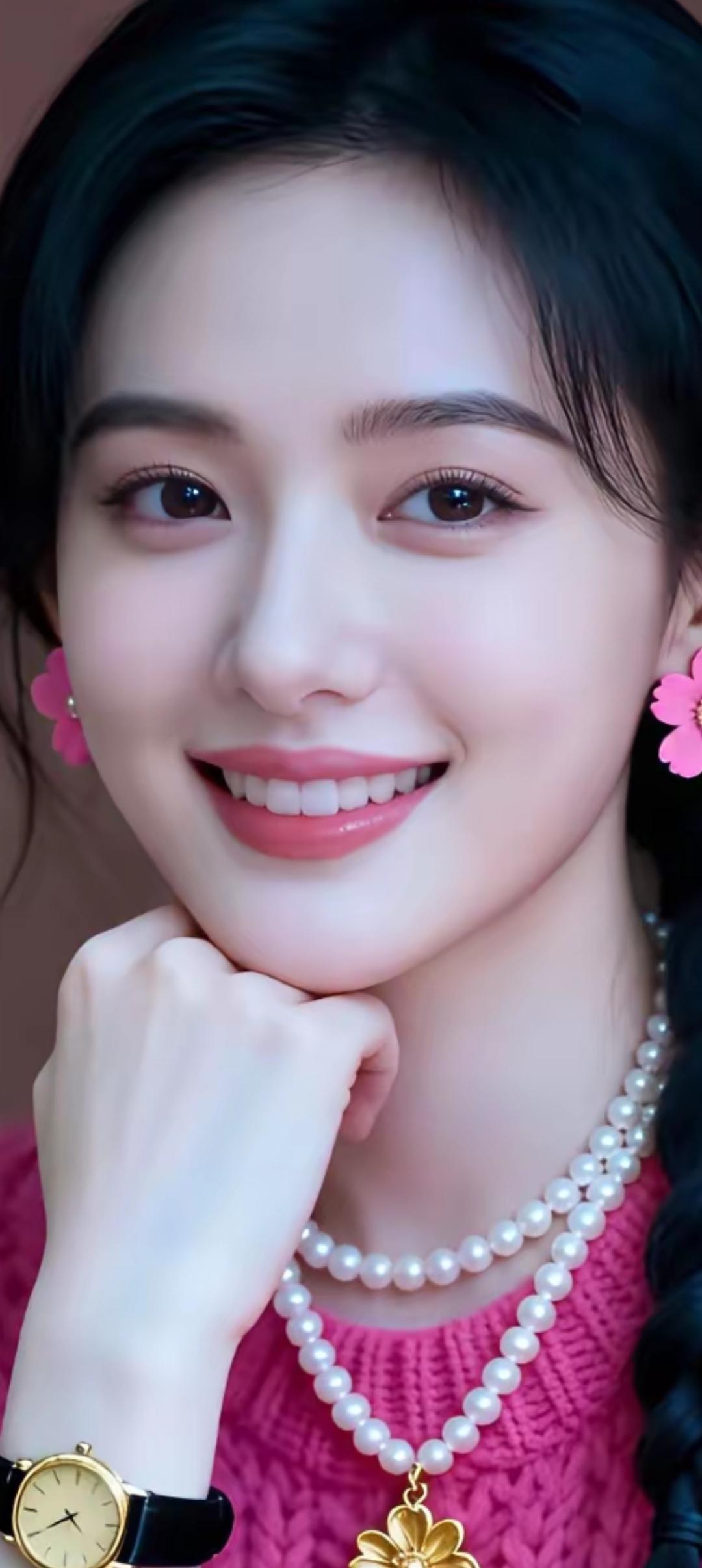 甜美少女风，粉色毛衣搭配珍珠项链，微笑动人！🌸💖