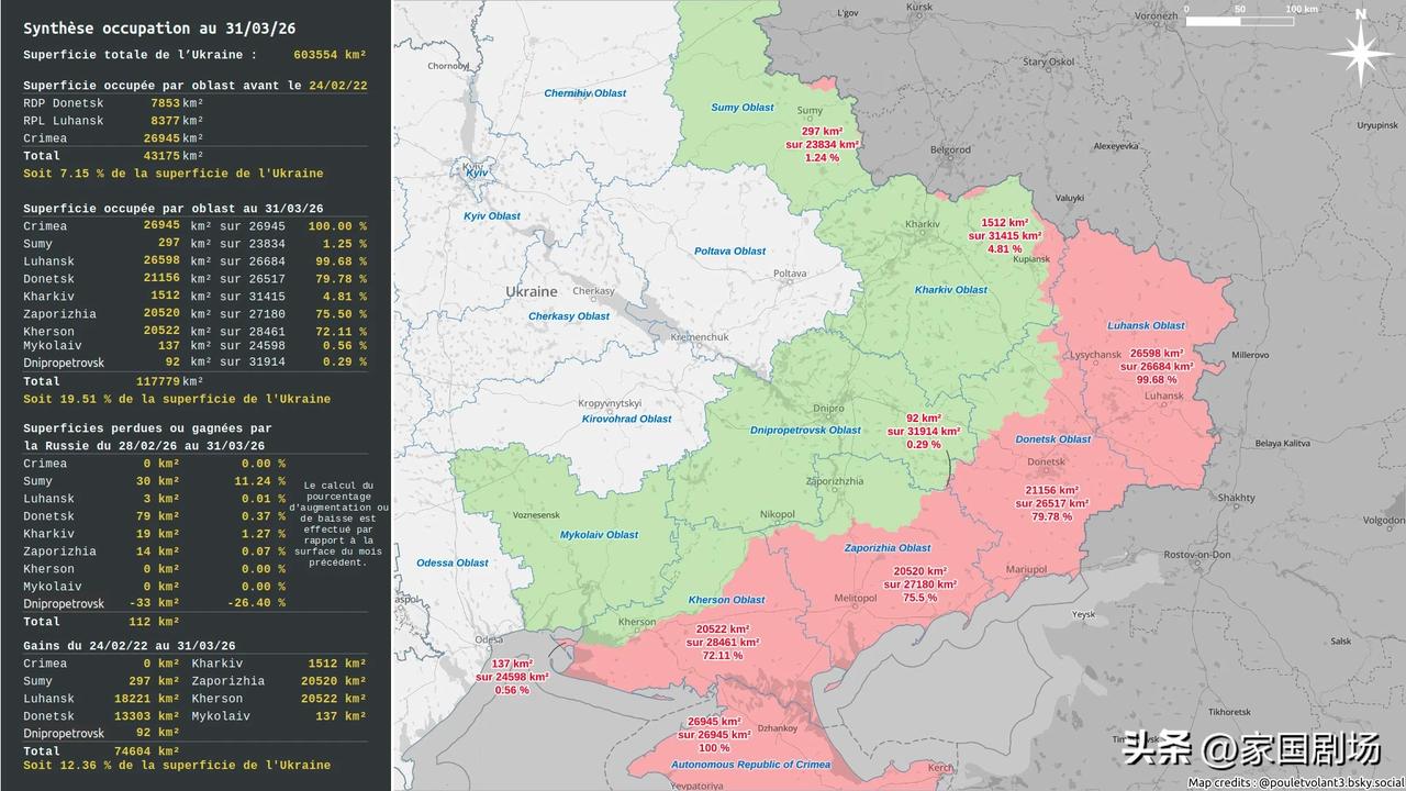 法方信源飞鸡统计的截至 2026 年 3 月 31 日，俄罗斯控制的乌克兰各州领
