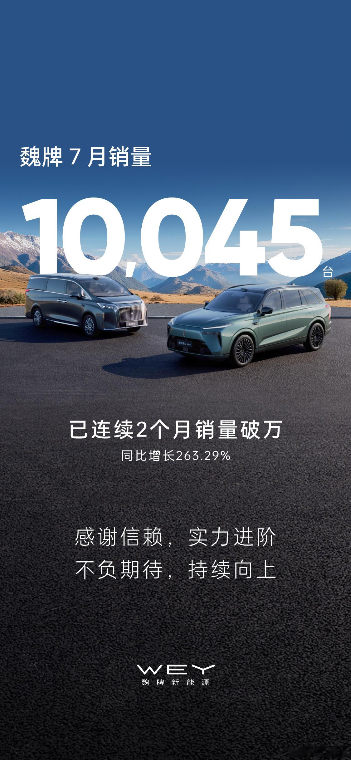 长城汽车7月销售新车104372辆，同比增长14.34%。魏7月销量10045辆
