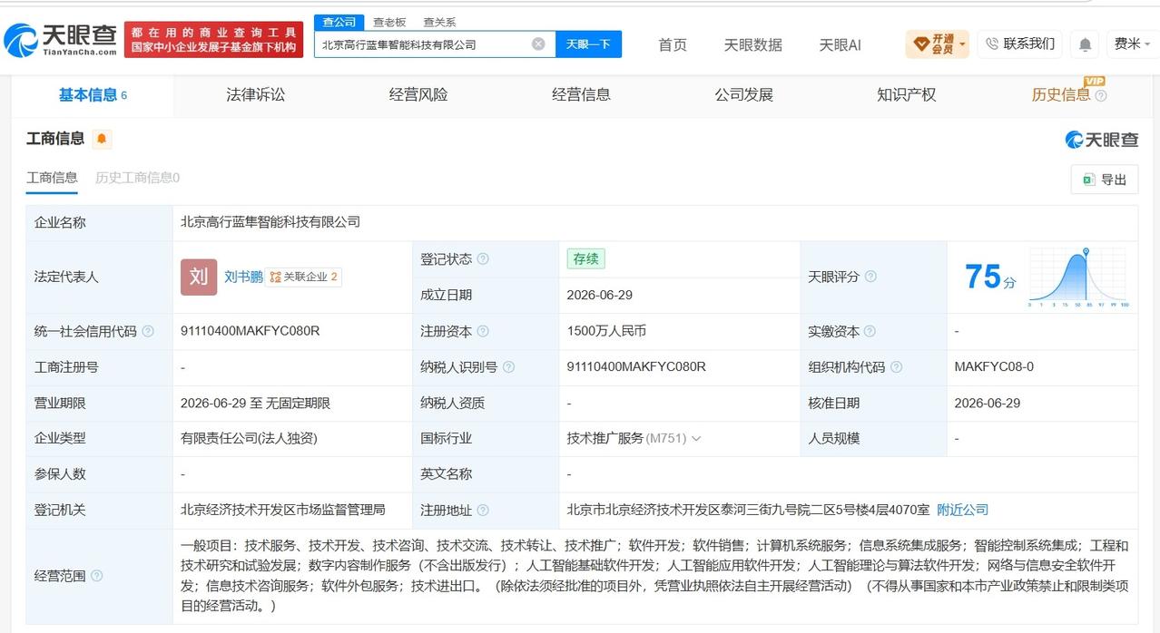 高德地图在北京成立新智能科技公司 注册资本1500万
天眼查App显示，近日，北