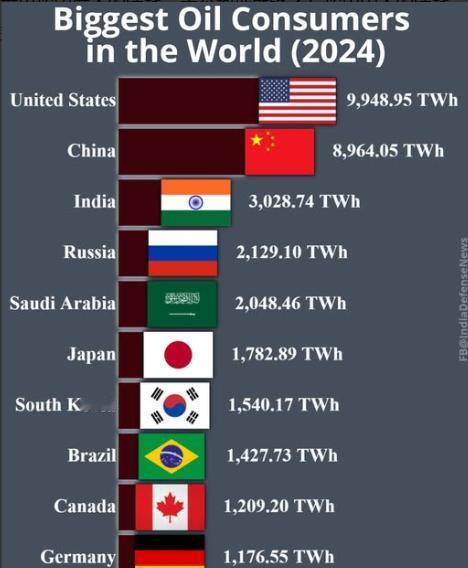 世界上最大的石油消耗国，美国高居第一，中国第二，印度第三。但是，美国的人口不到中